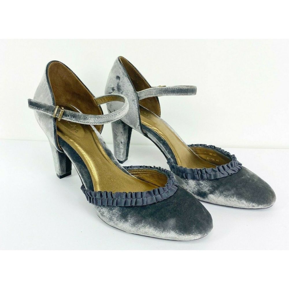 Boden Gray Velvet Mary Jane Strap Heels Ruffle